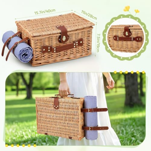 Wicker Picnic Basket for 4 People, Hand Braided Basket with Integrated Insulation and Waterproof Blanket - Complete Set with 4 Cutlery, Plates, Glasses for Camping Beach Garden