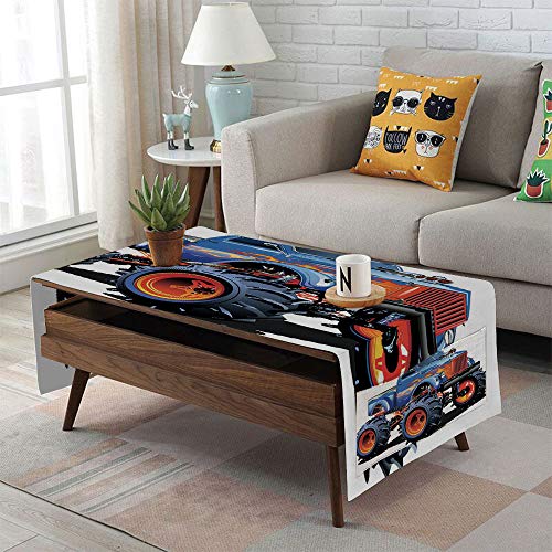 Linen Blend Tablecloth,Side pocket design,Rectangular Coffee Table Pad,Man Cave Decor,Cartoon Monster Truck Huge Tyres Off road Heavy Large Tractor Wheels Turbo Decorative,Multicolor,for Home Decor