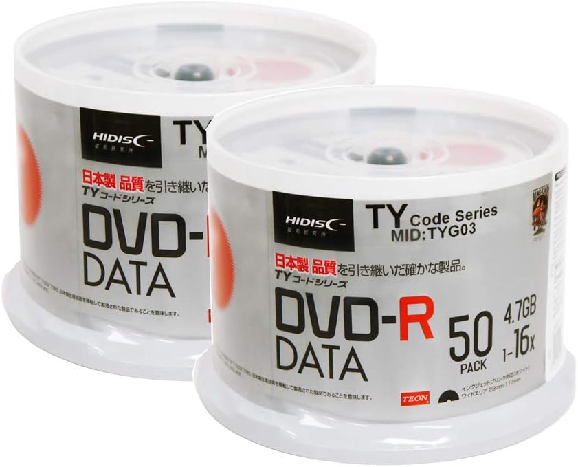 100 Spindle HiDisc DVD-R 16X 4.7GB 120Min (Taiyo Yuden TY Code MID TYG03) White Inkjet Hub Printable Blank Recordable Disc