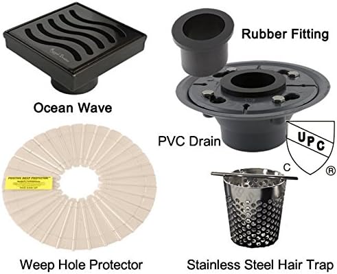 Royal Drains By Serene Steam Ocean Wave KIT with Stainless Steel Hair Trap ABS or PVC Drain and Weep Hole Protector (PVC, Oil Rubbed Bronze)