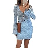 Ninimour Women Crochet 2 Piece Skirt Set V Neck Long Sleeve Top and Mini Skirt Hollow Out Lounge Set Beach Cover Up Set
