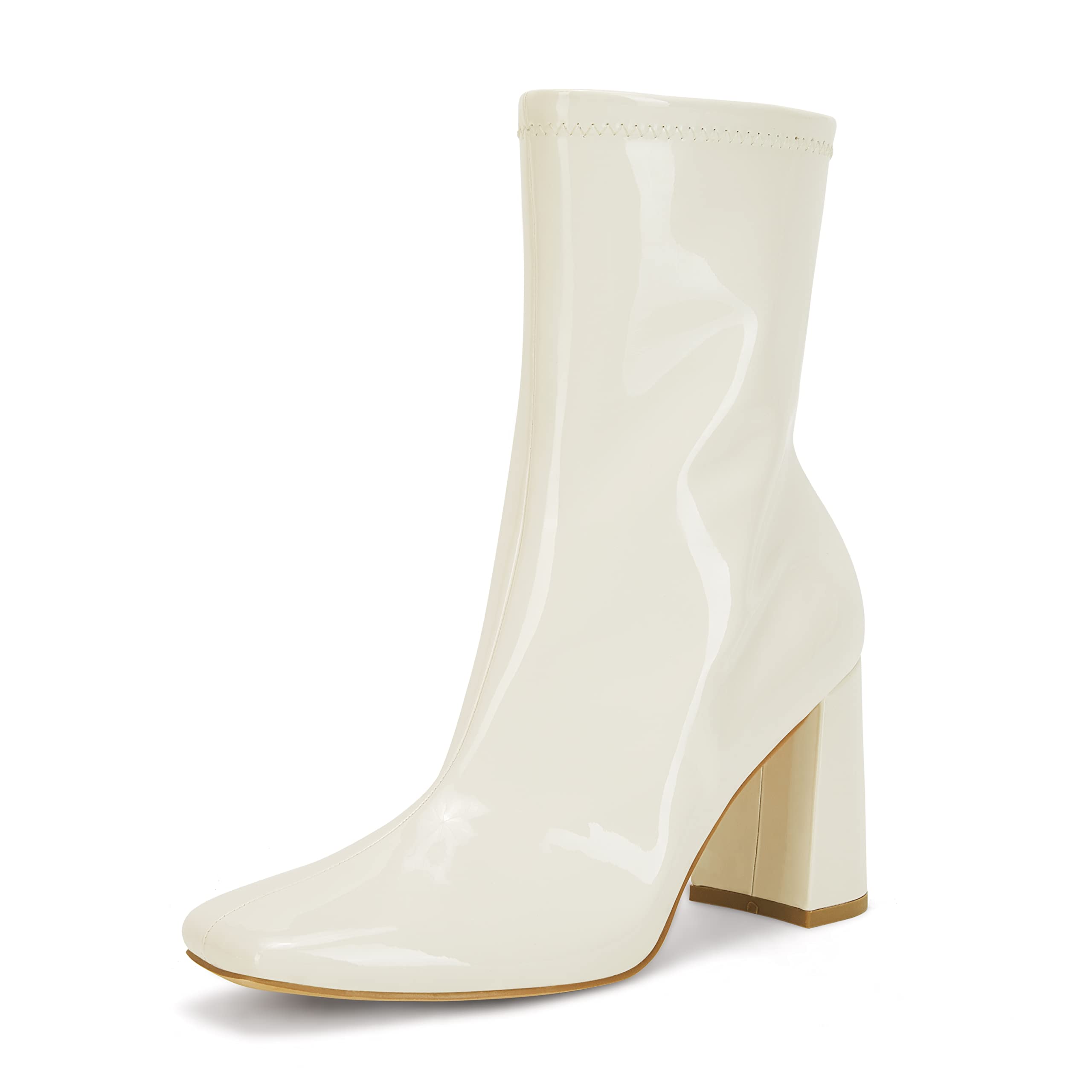 Photo 1 of Coutgo Womens Square Toe Gogo Boots High Chunky Heels Mid Calf Boots Patent Leather Ankle Booties White, 6
