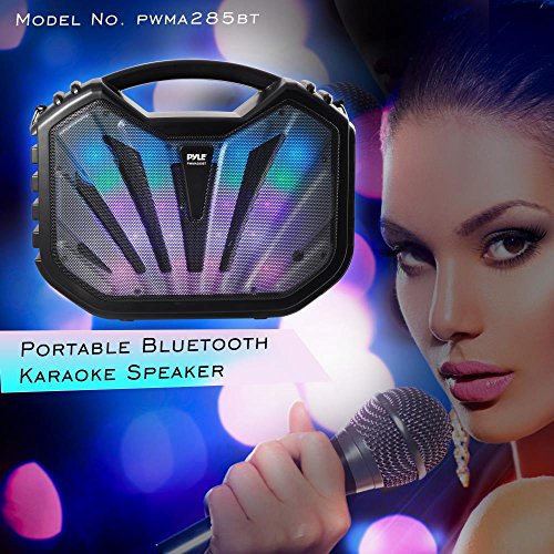 Pyle-Portable-Speaker-karaoke-PA-System-Bluetooth-Flashing-DJ-Lights-Built-in-Rechargeable-Battery-Wireless-Microphone-Recording-Ability-MP3USBSDFM-Radio-PWMA285BT