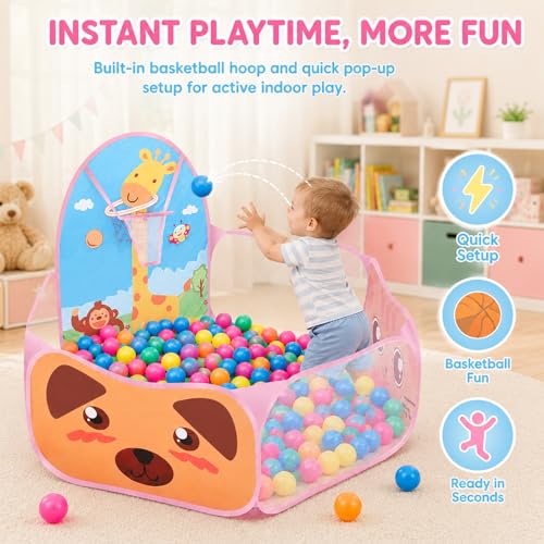 Ball Pool Baby Tent Children's Tent Foldable Cartoon Design for Children with Basketball Hoop, Pink Balls Playpen Baby (Balls Not Included)