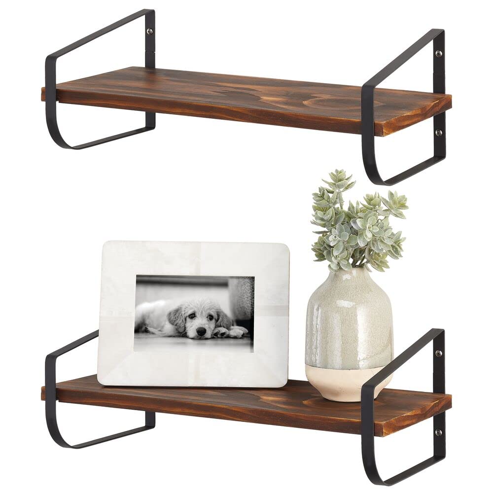mDesign Modern Floating Shelf – Narrow Bookshelf with Rust-Resistant Metal Brackets – Wall Shelf for Bathroom, Kitchen, Office etc. – Black/Natural