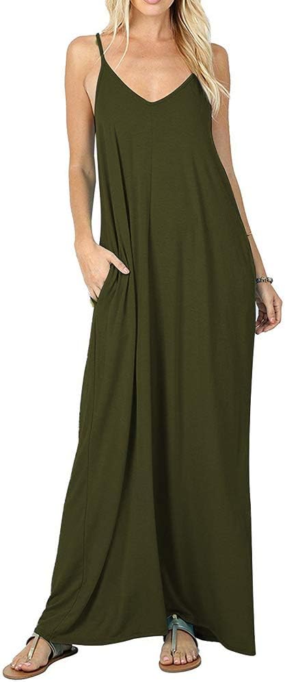 Poetsky Womens Casual Strappy V Neck Sleeveless Flowy Pockets Loose Long Maxi Beach Dress Sundress