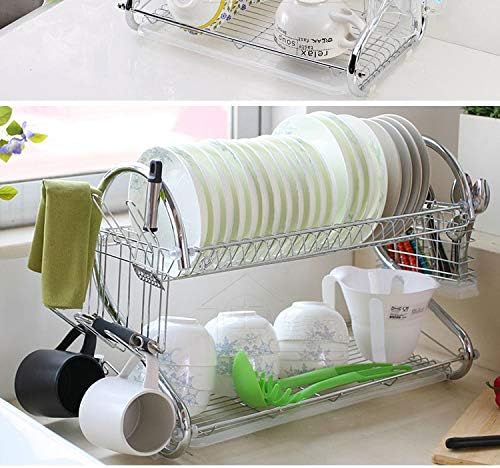 2-Tier Dish Rack and DrainBoard, 20.2" x15" x10" Kitchen Chrome Cup Dish Drying Rack Tray Cultery Dish Drainer (S)