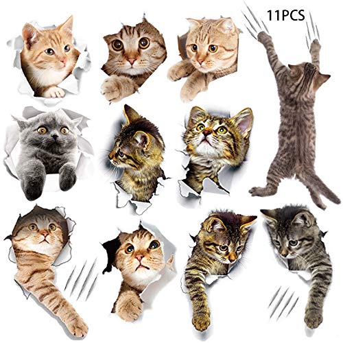 11PCS New 3D Removable Cartoon Animal Cats Large Wall Stickers, Easy to Peel Easy to Stick Safe on Painted Walls Cute Cat Decor Posters for Nursery Room Toilet Kitchen Offices