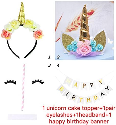 Unicorn Party Supplies Set,Lovely Unicorn Cake Topper With Eyelashes, Pack with Unicorn Headband and Happy Birthday Bunting Banner For Baby Shower Happy Birthday Weeding Party (Gold)