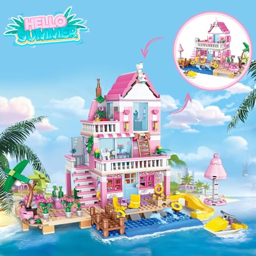Uniiking® 822 PCS Beach House Building Set, Pink Girls Seaside Beach Villa Friends Building Set Compatible with Le-go Friends Construction Educational Toy for Kids Age 8-12 and Up