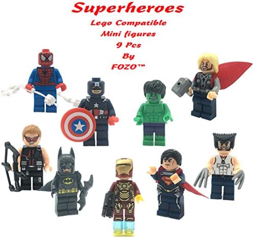 Super Heroes Figures 9 Set Mini Figures Party Bag with Batman, Spiderman, IronMan, Thor, SuperMan, Wolverine, Captain America, Hawkeye and The Hulk LEGO Compatible By FOZO