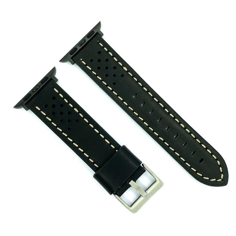 Racing leather strap black with colored stitching compatible with Apple Watch – Series 1 2 3 4 5 6 7 8 9 SE SE2 Ultra – 38mm 40mm 41mm 42mm 44mm 45mm 49mm – Ref AWP398 Black/White-Black Adapter