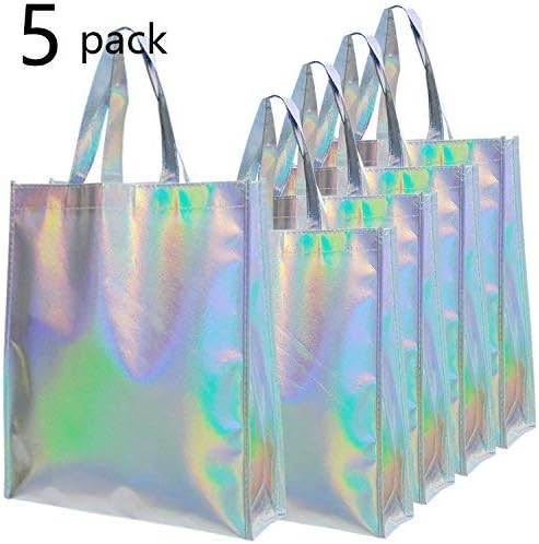 Nugoo Rumcent Bling Bling Glossy Durable Reusable Medium Non-Woven Gift Bag Set of 5 Shopping Bag, Promotional Bag, Bling Bling Silver