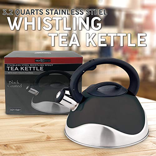 Whistling Stainless Steel Tea Kettle With Soft Grip Ergonomic Handle by American Dream- Stovetop Pot 3.2 QT-Black