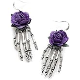 Vintage Gothic Skeleton Rose Drop Dangle Earring - Punk Skull Hand Earrings - Halloween Party Costume Accessories - Jewelry for Women