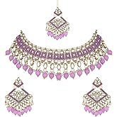 I Jewels Gold Plated Kundan Pearl Drops Choker Necklace Jewelry Set of 3 with Dangle Earrings Maang Tikka Indian Traditional Festive Wedding Bridal Bollywood Jewellery for Women