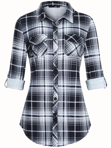 Djt Damen Weiches Gestrick Karierte Bluse Langarm Oberteile Roll Up Ärmel Hemdbluse Tunika Button Down Blusen Top Schwarz-Weiß S