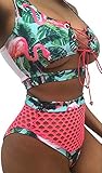 Sexy Women Two Pieces Lace up Bandage Bikini Swimsuit Set High Waisted Bathing Suit (C, Large)