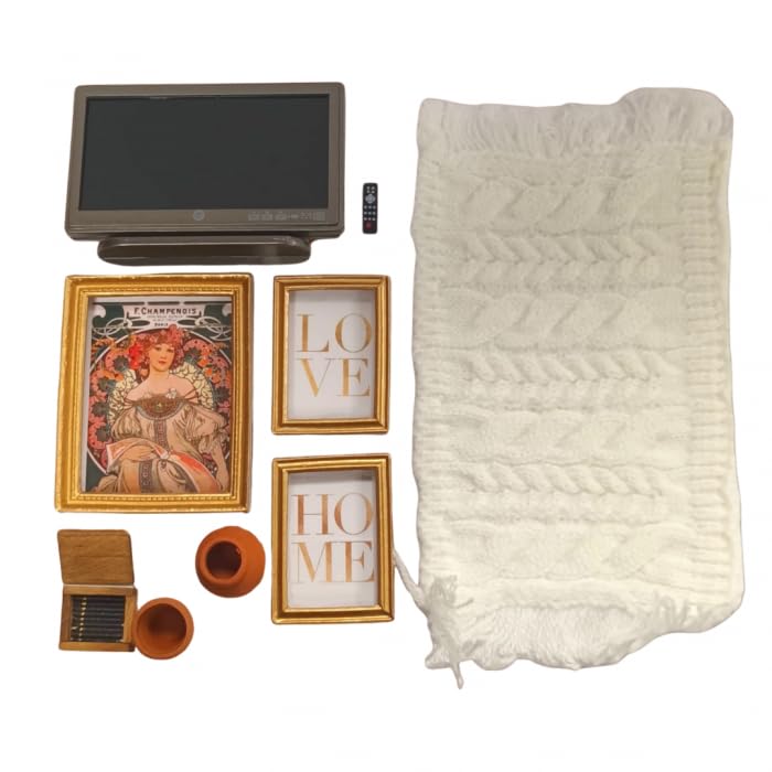 Dolls House Modern Living Room Accessory Pack, 1:12 Scale, Sofa, Chair, Coffee Table, TV, Rug, Planters, 14+ Years | Minimum World