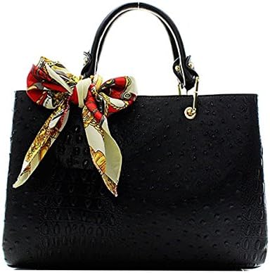 Vegan Faux Leather Ostrich Satchel Shoulder Handbag (Black)