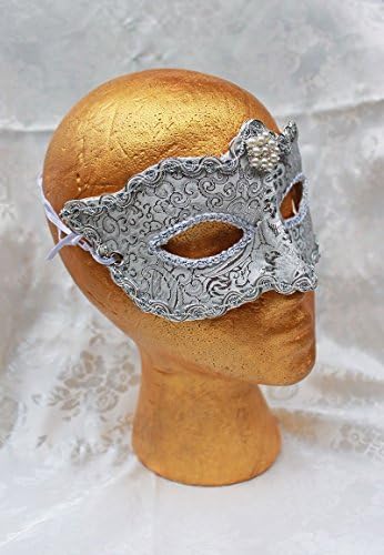 White Brocade Mask, White and Silver Brocade and Leather Wedding Bridal Prom Party Masquerade Mask