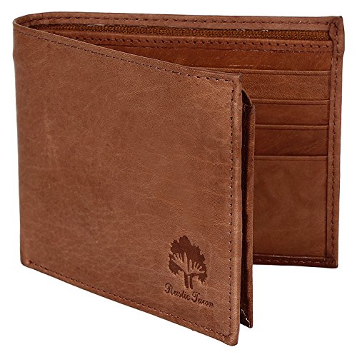 Handmade RFID Blocking Genuine Leather Bifold Zippered Wallets with Coin Pocket Designer Engraved Fashion with Card Pockets for Cash Bills By Rustic Town ~ Gift for Teen Boys Girls Men Women ( Tan )