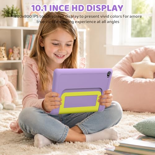 Gleeso Kids Tablet 10 inch Android 16, 24GB RAM+64GB ROM, Child Tablet 1280 * 800 IPS, 5MP+8MP Camera, 6000mAh, WiFi 6/BT 5.3, Parental Control, Toddler Tablet with Protective Case(Purple)