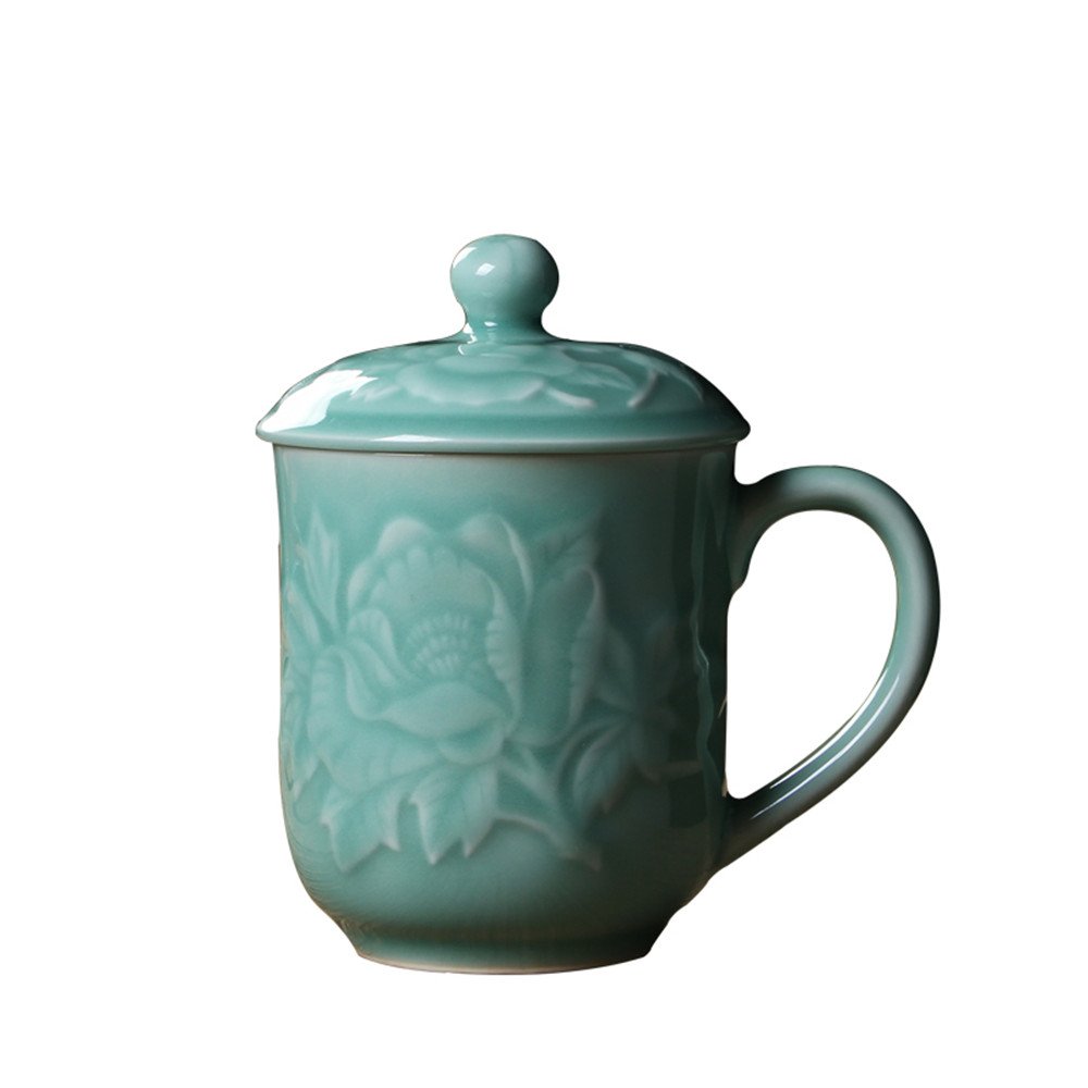 Photo 1 of Teacups 13oz Coffee Mugs with Lid Porcelain Cups Embossed with Peony Chinese Celadon(01-Sky Blue)