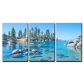 3 Piece Canvas Wall Art - Beautiful Blue Clear Water on The Shore of The Lake Tahoe - Modern Home Art Stretched and Framed Ready to Hang - 16"x24"x3 Panels