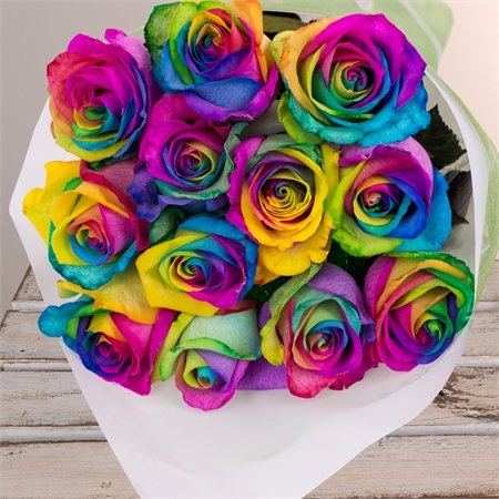 Farm Direct Rose Tinted Bouquet of 12 Fresh Cut Roses with Vase (Rainbow)