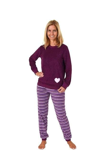 Damen Frottee Schlafanzug, Rundhals, Langarm, Uni Oberteil, Ringel Hose, Bündchen