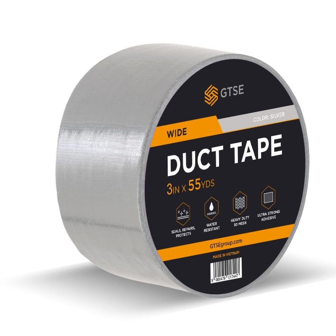 GTSE Wide Silver Duct Tape, 75mm x 50m, 3” Waterproof Strong Adhesive Gaffer Tape for Patching, Sealing, Securing Cables and Labelling, Heavy Duty Tape, One Roll
