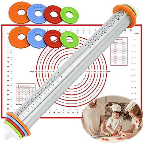 Adjustable Rolling Pins, Stainless Steel Roller Pin with Thickness Rings and pastry mat for for Bakery Cookie Chapati Fondant Dough Pastry Pizza Pie Crust