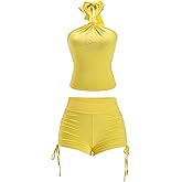 winkbay Women's 2 Piece Party Club Outfits Y2k Rhinestone Halter Crop Top and Ruched Mini Shorts Set