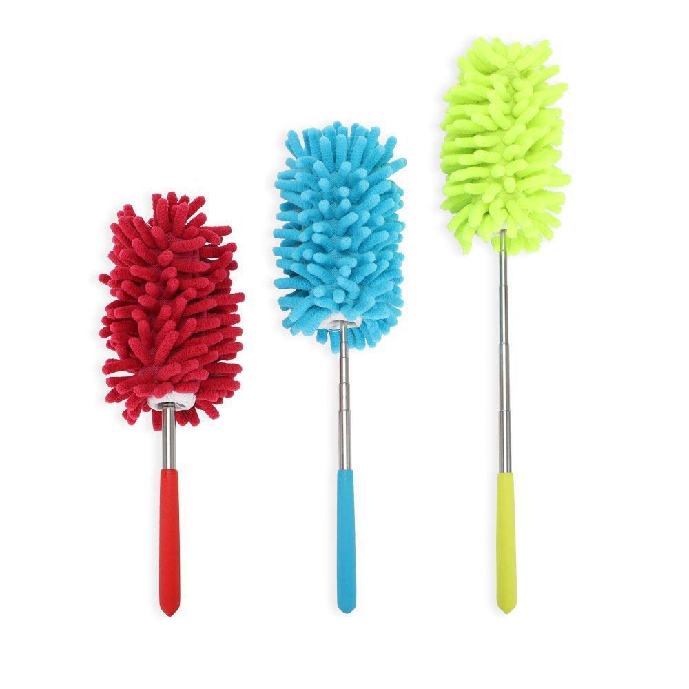 KissDate Microfiber Extendable Hand Dusters Washable Dusting Brush with Telescoping Pole for Cleaning Car, Computer, Air Conditioning, TV and Else Pack of 3 (Red Blue Yellow)