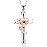 RIVIKO 925 Sterling Silver Cross Birthstone Necklace for Women Cross Rose Pendant Necklaces Trendy Christmas Valentine's Day Anniversary Jewelry Gift for Women Her Wife Girlfriends