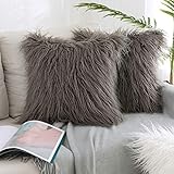 Kevin Textile Pack of 2, Decor Home Deluxe Soft Plush Merino Style Grey Faux Fur Throw Pillow Cover Cushion Case for Bedroom Sofa Chair 18 x 18 Inch 45 x 45 cm