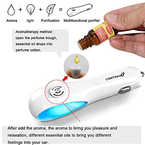 Car Air Purifier, Lightsmax Car Air Freshener and Ionic Air Purifier | Remove Dust, Pollen, Smoke and Bad Odors - Available for Your Auto or RV (2018 with AROMA, White)