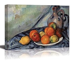 Fruit and a Jug on a Table by Paul Cezanne - Canvas Print Wall Art Famous Painting Reproduction - 12" x 18"