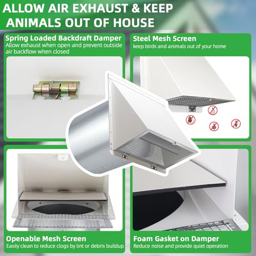 6 Inch Hooded Wall Vent with Screen and Damper,6 Inch Exhaust Vent Cover Cap for Outdoor Kitchen Range Hood Dryer Ventilation,Outside Wall Mount Extractor for House Air Exhaust,Galvanized Steel,White