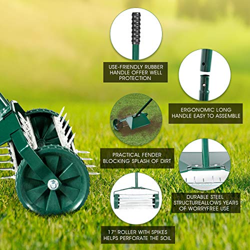 HAPPYGRILL Manual Lawn Aerator 18inch Rolling Lawn Aerator Garden Yard