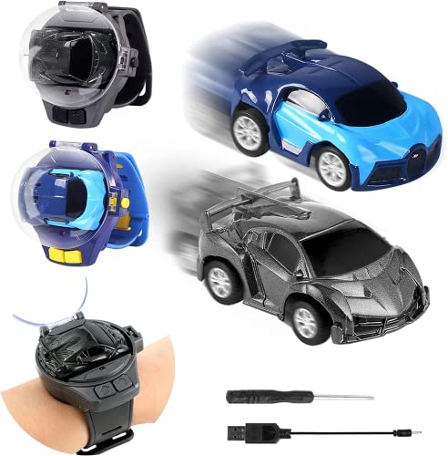2PCS Mini Remote Control Car Toy, 2.4 GHz Watch Wrist Hand Controlled Racing Car with USB Charging, RC Toys for Boys and Girls (Grey + Blue)