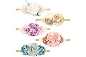 Cinaci 5 Pieces Super Stretchy Soft Nylon Flower Headbands Pearl Floral Tiaras Crowns Hairbands Hair Accessories for Baby Girls Newborns Infants Toddlers Kids