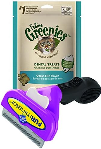 FURminator LONG HAIR deShedding Tool for LARGE CATS Over 10Lbs 2.65" Inch deShedding Edge Brush BONUS GREENIES Dental Cat Treats OCEAN FISH 2.5 oz (71g)