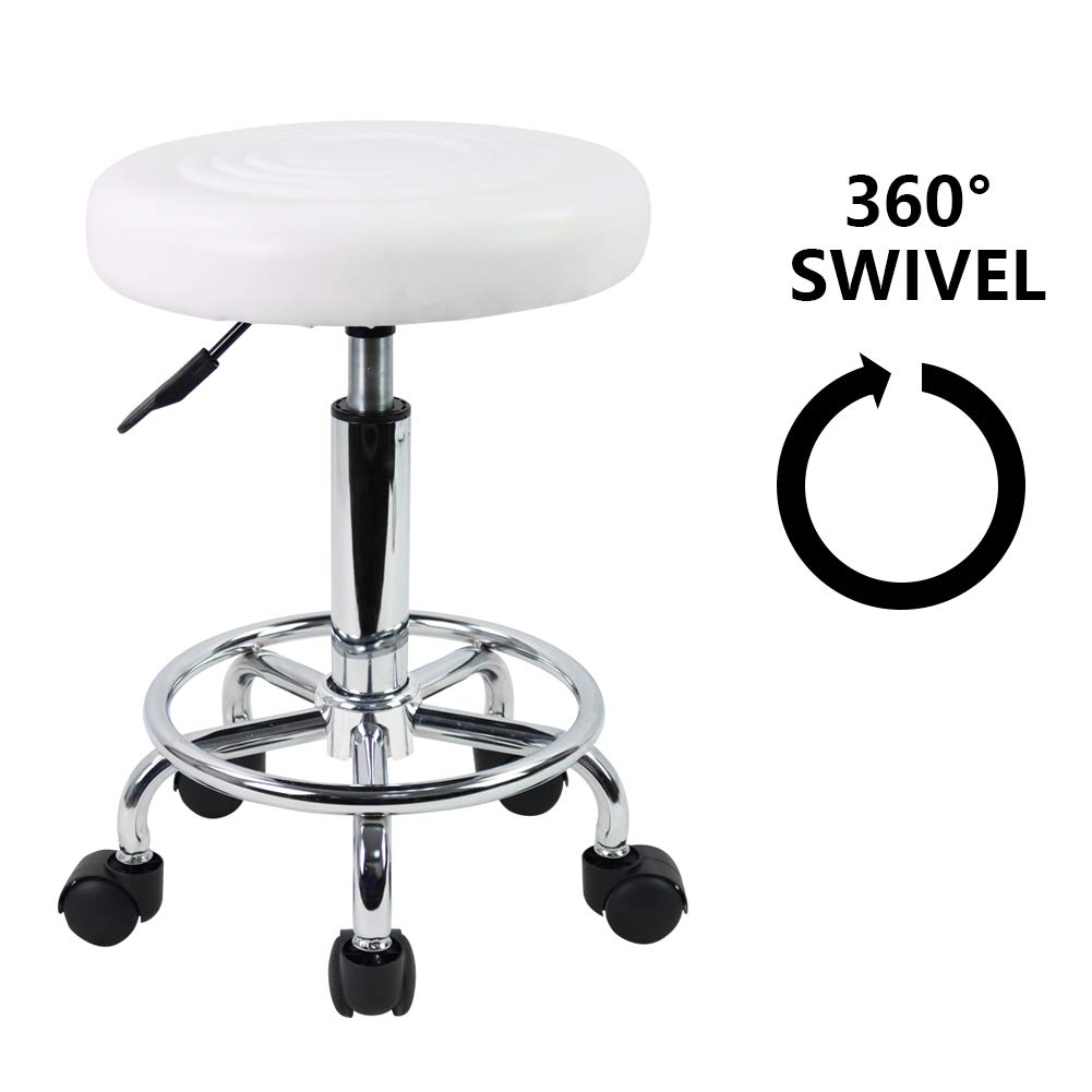 KKTONER PU Leather Modern Round Rolling Stool with Footrest Height Adjustable Spa Drafting Salon Tattoo Work Massage Stools Task Chair Small (White): Kitchen & Dining