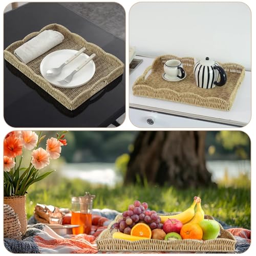 Serving Tray with Scalloped Edge, Rectangular Wicker Tray with Handles, Ideal for Breakfast or Meals in Bed and on Sofa, Decorative Coffee Table Tray to Enhance Dining