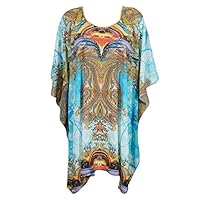 Mogul Women's Lightweight Caftan Dress / Cover Up With V-Neck Jewels (Blue-3)