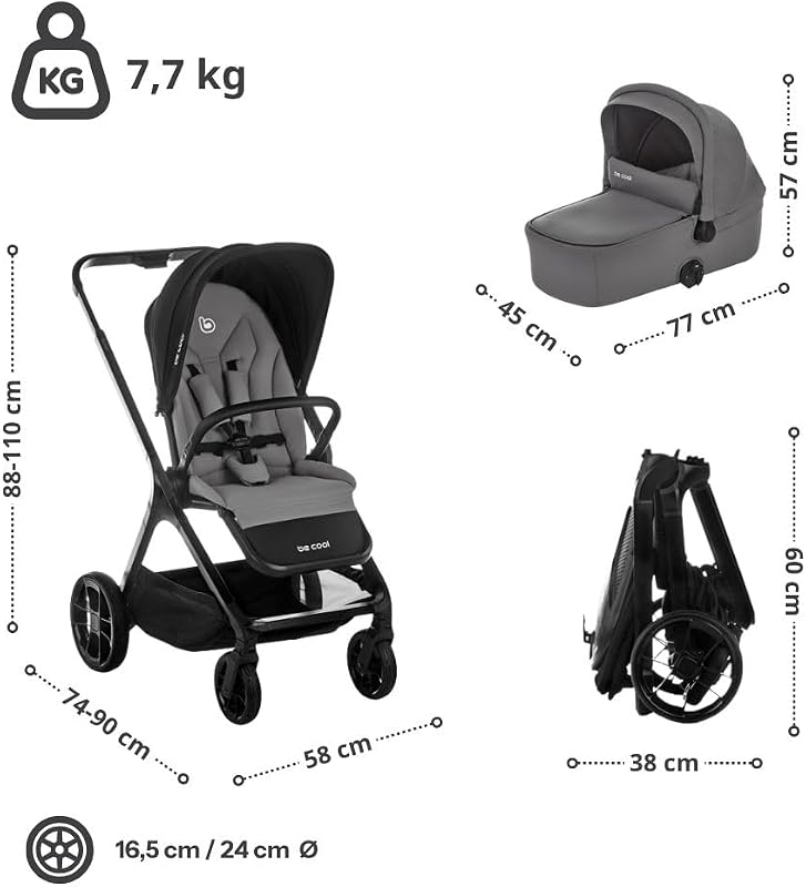 Kombo, Passeggino 2 in 1 con Navicella Rigida Rialzabile e Seduta Reversibile, Chiusura Automatica con una Mano, dalla Nascita fino a 22 kg, Grigio