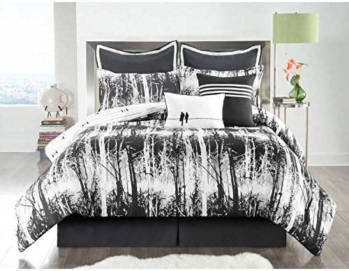 6 Piece Black White Nature Inspired Comforter Set Twin Xl, Dark Black Snow Forest Jungle Themed Tree Storm Bold Line, Reversible Milk White Black Bird Printed Kids Bedding Teen Themed, Polyester