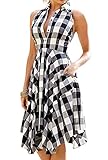 Women Summer Sleeveless Side Pockets Plaid Check Pleated Casual Skater Shirt Dress Sexy Clubwear Large Size Black White
